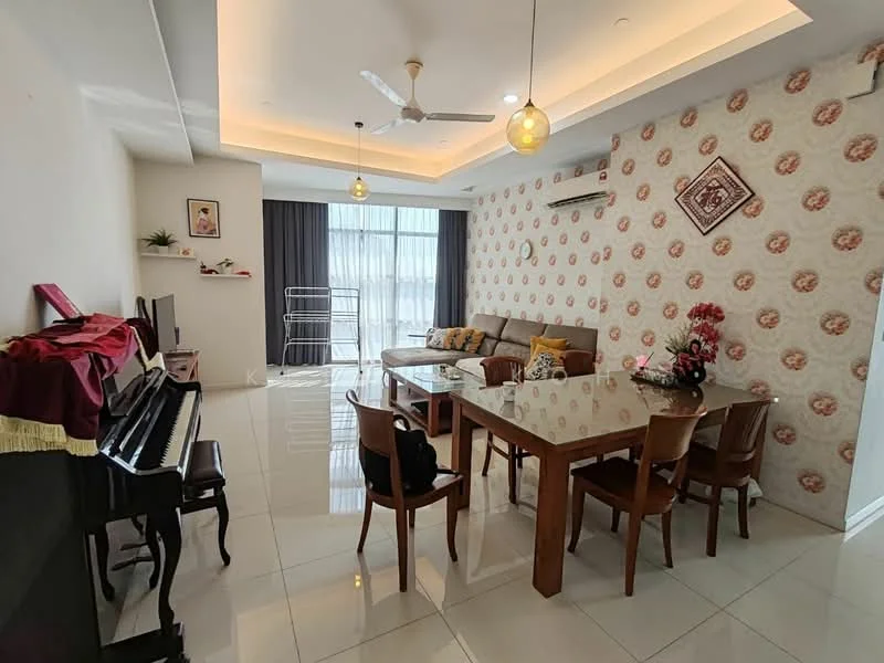 Living features: white painted walls, floral wallpaper, polished ceramic tile flooring, tray ceiling with recessed lighting, 5-blade ceiling fan with light, large sliding glass door, floor-to-ceiling windows, sofa in beige, coffee table, dining table with 6 chairs, piano, decorative wall art, houseplants in ceramic pots; style: modern; view: city.