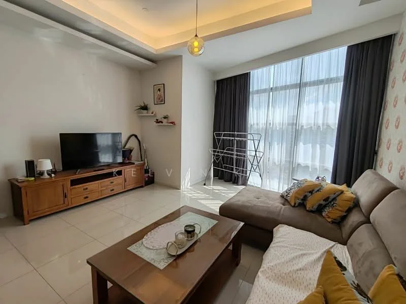 Living features: grey L-shape sectional sofa, wooden coffee table, TV console with flat-screen TV, cream painted walls, floor-to-ceiling windows with sheer curtains, recessed downlights, decorative wall with floral pattern, light-colored tiled flooring, decorative items on console, folding drying rack; style: modern; view: city.