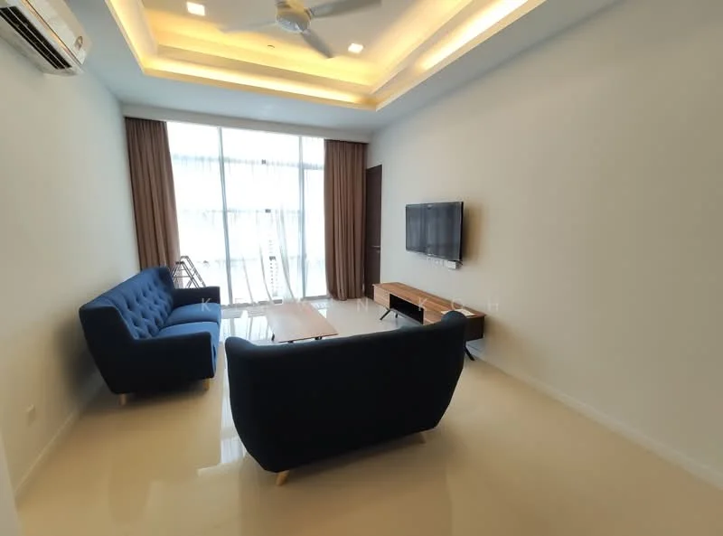 Living features: 2-seater fabric sofa in blue, 3-seater fabric sofa in blue, wooden coffee table, wall-mounted TV, floor-to-ceiling windows, sheer curtains, recessed downlights, tray ceiling, glossy tile flooring, 1 wall-mounted split AC; style: modern.