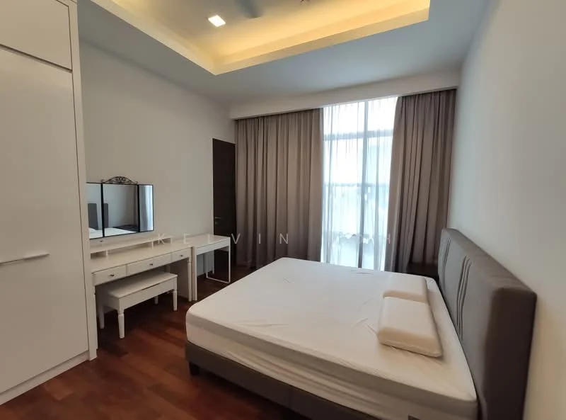 Bedroom features: queen-size bed, upholstered headboard, wooden flooring, white painted walls, tray ceiling with recessed lighting, floor-to-ceiling windows, sheer curtains, built-in wardrobe, dressing table with mirror, decorative mirror; style: modern.