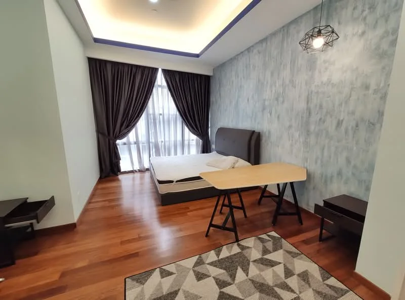 Bedroom features: wood flooring, blue accent wall with textured finish, floor-to-ceiling windows with sheer curtains, queen-size bed, upholstered headboard, nightstand with drawer, small dining table with black legs, area rug with geometric pattern, pendant light fixture; style: modern.