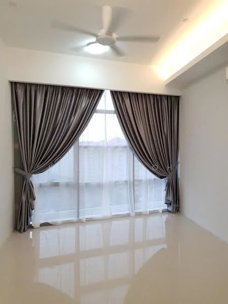 Room features: white painted walls, glossy tile flooring, 5-blade ceiling fan with light, floor-to-ceiling windows, sheer curtains, dark grey drapes, recessed lighting, natural light from windows; style: modern.