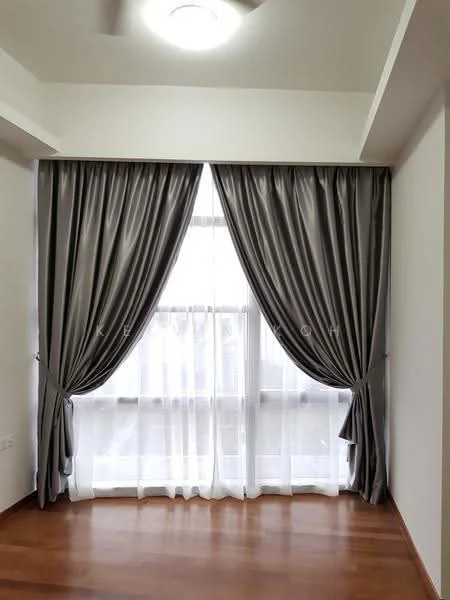 Room features: floor-to-ceiling windows, grey curtains, sheer curtains, wooden flooring, ceiling light, neutral wall colour; style: modern.