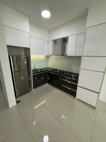 Kitchen features: black glossy cabinetry, white upper cabinets, stainless-steel fridge, double-bowl stainless-steel sink, chrome pull-down faucet, 2-burner gas hob, glass backsplash, recessed downlights, polished tile flooring, countertop with overhang for seating; style: modern.