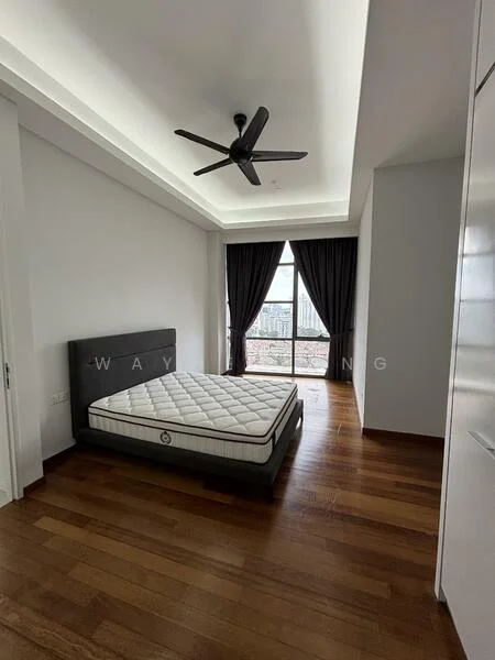 Bedroom features: king-size bed, upholstered headboard, dark wood flooring, floor-to-ceiling windows, blackout curtains, 5-blade ceiling fan, recessed downlights, white painted walls, built-in wardrobe; style: modern; view: city.
