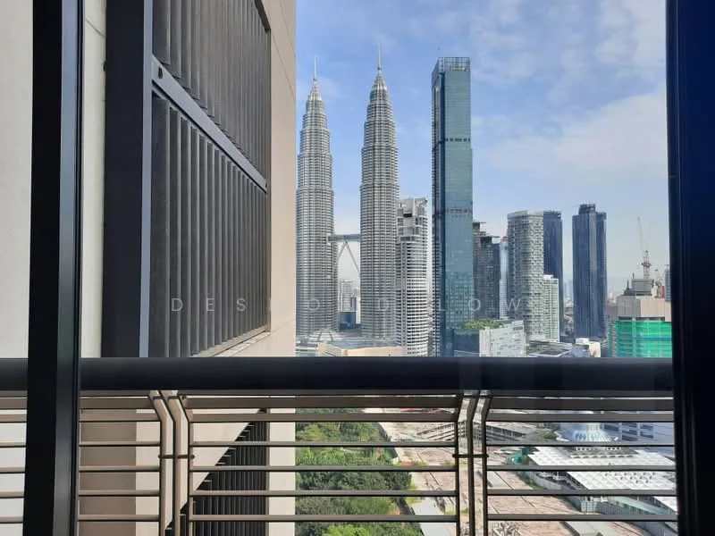 Balcony features: metal railing, floor-to-ceiling glass doors, city skyline view, view of Petronas Twin Towers, view of KL Tower, concrete flooring; style: modern; view: city.