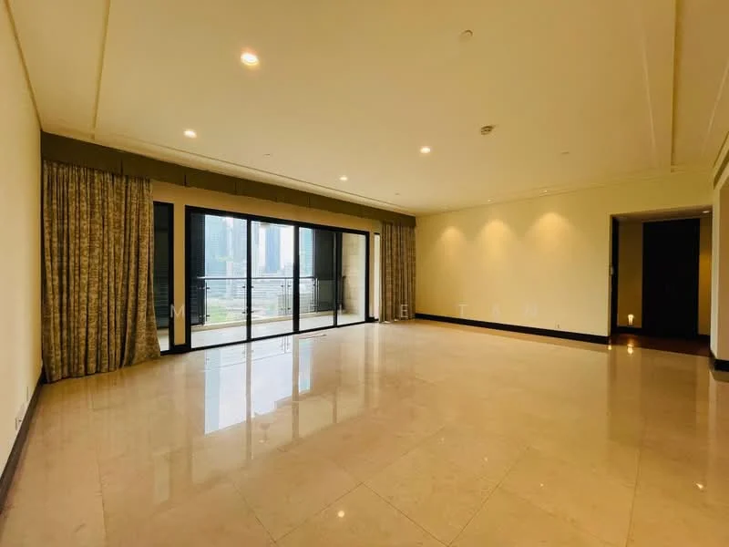 Living features: cream painted walls, marble tile flooring, recessed downlights, floor-to-ceiling windows, sliding glass door, sheer curtains, balcony access, open layout; style: modern; view: city.