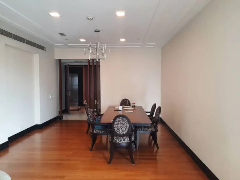 Dining features: wooden flooring, cream painted walls, chandelier with multiple arms, 6-seater dining table, upholstered dining chairs with floral pattern, decorative wall paneling, recessed ceiling lights, doorway leading to hallway; style: modern.