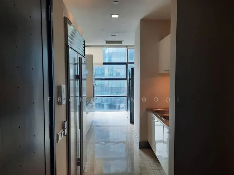 Kitchen features: stainless-steel fridge, white cabinetry, granite countertop, single-bowl stainless-steel sink, chrome pull-down faucet, built-in oven, ceramic tile flooring, recessed downlights, large window providing natural light; style: modern; view: city.