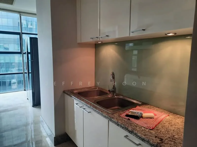 Kitchen features: double-bowl stainless-steel sink, chrome pull-down faucet, granite countertop, white cabinetry, recessed downlights, green glass backsplash, marble tile flooring, kitchen towel, window with city view; style: modern; view: city.