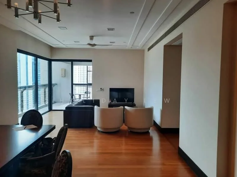 Living features: wood flooring, floor-to-ceiling windows, sliding glass door, ceiling fan, sofa in dark leather, 2 white accent chairs, wall-mounted TV, coffee table, decorative wall paneling, recessed lighting; style: modern; view: city. Dining features: dining table, upholstered dining chairs; style: modern.