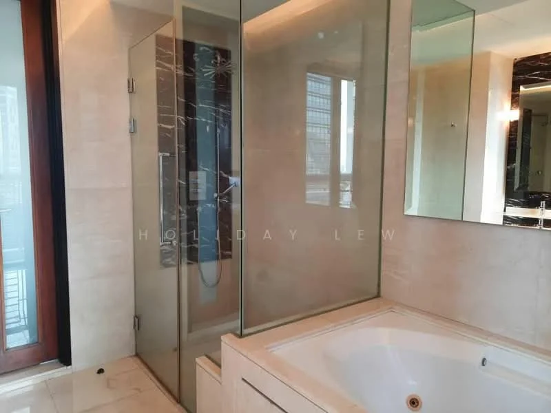 Bathroom features: glass shower enclosure, rain shower head, freestanding bathtub, marble tile flooring, cream tiled walls, double sink vanity with mirror, chrome basin mixer faucets, large windows with city view; style: modern; view: city.