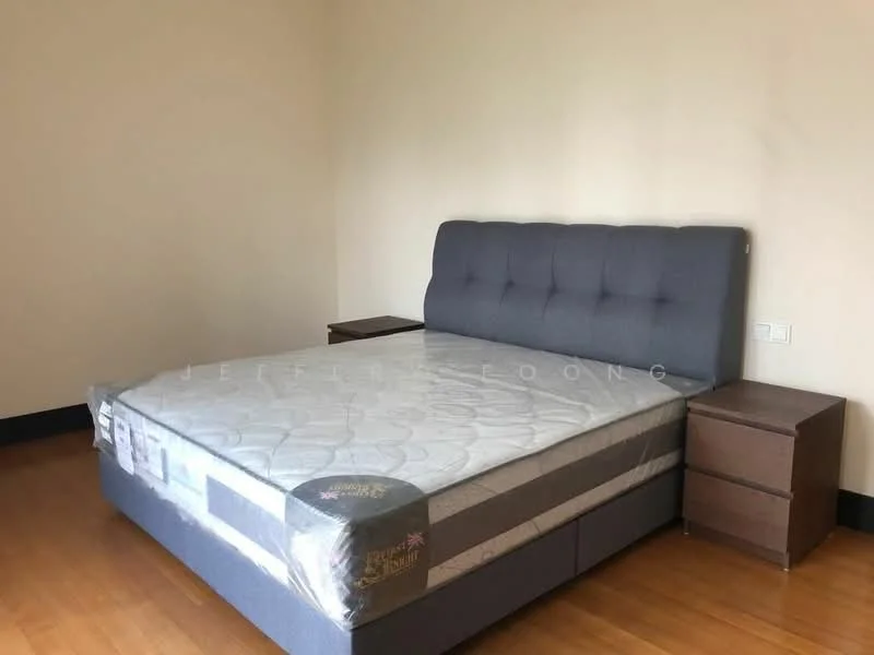 Bedroom features: king-size bed with upholstered headboard in grey, two wooden bedside tables, laminate flooring, plain painted walls in light color, window with no visible treatment, minimalist decor; style: modern.