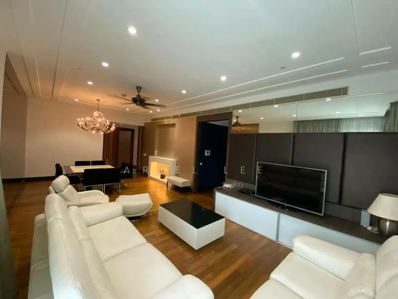 Living features: white leather sectional sofa, 3-seater white leather sofa, black coffee table, wall-mounted flat-screen TV, chandelier with multiple bulbs, ceiling fan with light, wooden flooring, recessed ceiling lights, mirrored wall, dining area with black dining table and chairs; style: modern.