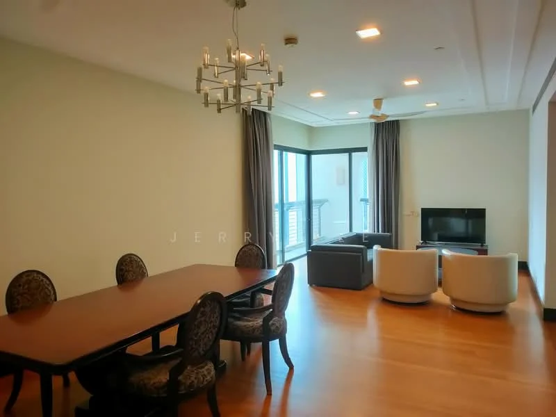 Living features: wood flooring, large windows with city view, sofa in grey, two accent chairs in white, coffee table, TV console, wall-mounted TV, chandelier, recessed lighting, ceiling fan, dining table with six chairs; style: modern; view: city.