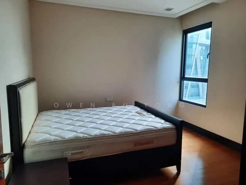 Bedroom features: queen-size bed, wood bed frame, light brown wooden flooring, cream painted walls, floor-to-ceiling window, black window frame, natural light, minimalist decor; style: modern; view: city.