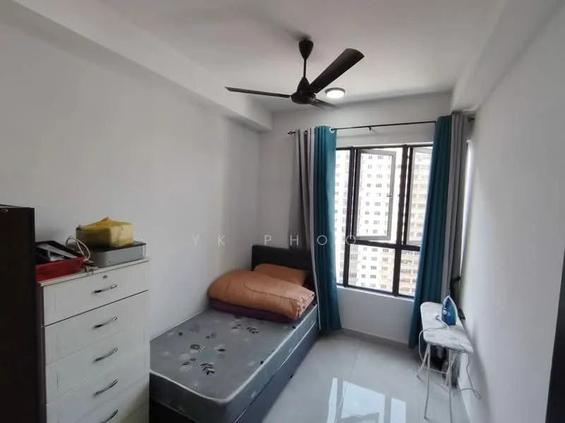 Bedroom features: single bed with mattress, upholstered headboard, bedside table, white dresser with drawers, floor-to-ceiling window, curtains in blue, ceiling fan, grey tiled flooring, decorative wall, wall-mounted iron board; style: modern; view: city.