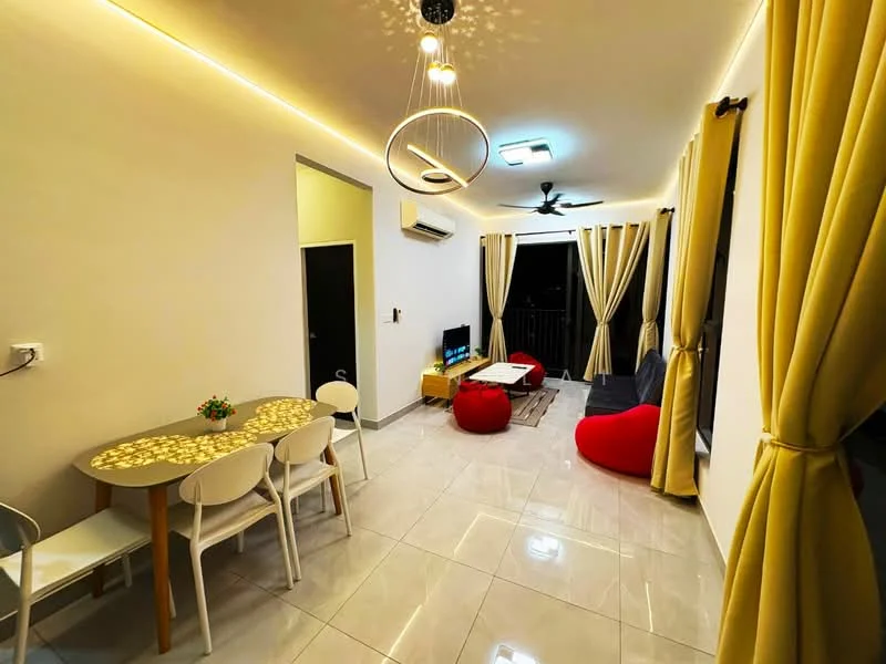 Living features: white painted walls, glossy ceramic tile flooring, recessed LED downlights, 5-blade ceiling fan, large windows with sheer curtains, yellow curtains, TV console, wall-mounted TV, area rug, bean bag chairs, dining table with 4 chairs, decorative plant on table; style: modern.