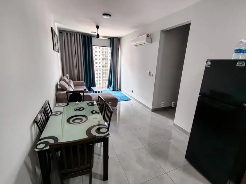 Living features: 3-seater fabric sofa in grey, glass dining table with circular pattern, 4 wooden dining chairs, floor-to-ceiling windows, curtains in blue, wall-mounted split AC, light grey tiled flooring, recessed ceiling lights; style: modern; view: city. Room features: black refrigerator, light grey walls, white ceiling.