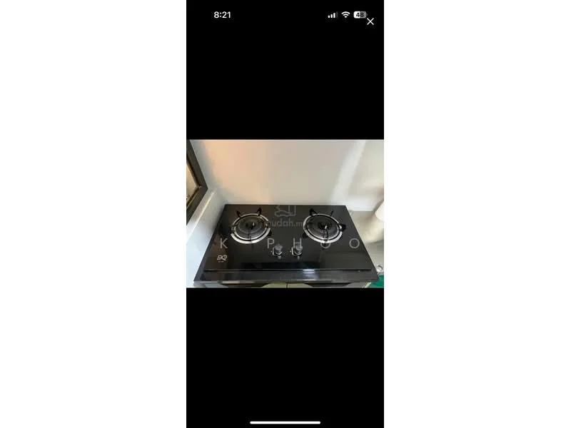 Kitchen features: black glass cooktop, 2-burner gas hob, stainless-steel knobs, built-in design, surrounding countertop, backlit control panel; style: modern.
