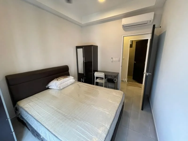 Bedroom features: queen-size bed with mattress, upholstered headboard, built-in wardrobe with sliding doors, desk with chair, air conditioning unit, white painted walls, tile flooring, recessed ceiling lights, door leading to hallway; style: modern.