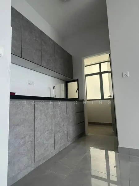 Kitchen features: grey laminate cabinetry, black countertop, single-bowl stainless-steel sink, chrome pull-down faucet, wall-mounted cabinets, tile backsplash, ceramic tile flooring, window with natural light; style: modern.