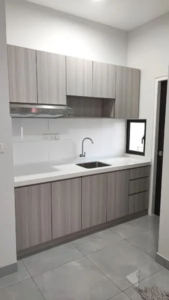 Kitchen features: grey wood cabinetry, white countertop, single-bowl stainless-steel sink, chrome pull-down faucet, built-in stainless-steel range hood, white tiled backsplash, grey ceramic tile flooring, under-cabinet lighting, window above sink, drawer storage, cabinet storage; style: modern.