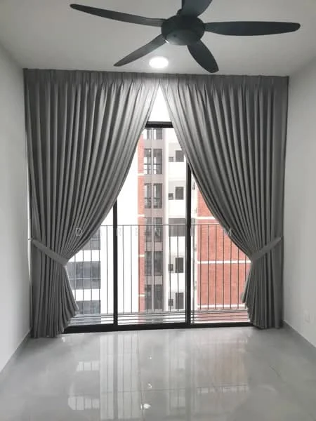 Room features: grey curtains, floor-to-ceiling windows, sliding glass door, white painted walls, polished tile flooring, ceiling fan, balcony view; style: modern; view: city.