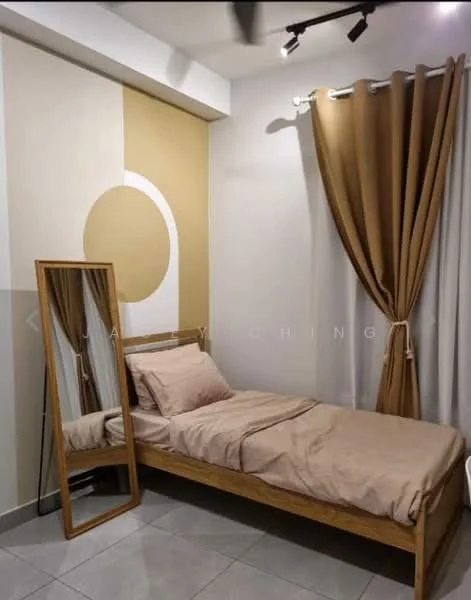 Bedroom features: single bed with beige bedding, wooden bed frame, full-length mirror, grey tiled flooring, cream painted walls, accent wall with circular design, brown curtains, sheer white curtains, recessed lighting, ceiling fan; style: modern.