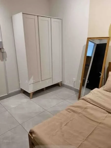 Bedroom features: queen-size bed with beige bedding, white wardrobe with sliding doors, full-length mirror, grey tiled flooring, neutral wall color, window with natural light, wooden bed frame, decorative wall art; style: modern.