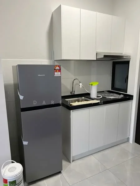 Kitchen features: stainless-steel fridge, white cabinetry, black countertop, single-bowl stainless-steel sink, chrome pull-down faucet, tile backsplash, window above sink, built-in kitchen hood, ceramic tile flooring; style: modern.