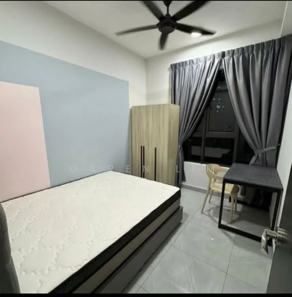 Bedroom features: queen-size bed, grey upholstered headboard, light grey walls, pink accent wall, floor-to-ceiling window, blackout curtains, ceiling fan, light grey tile flooring, wooden wardrobe, study desk, chair; style: modern.