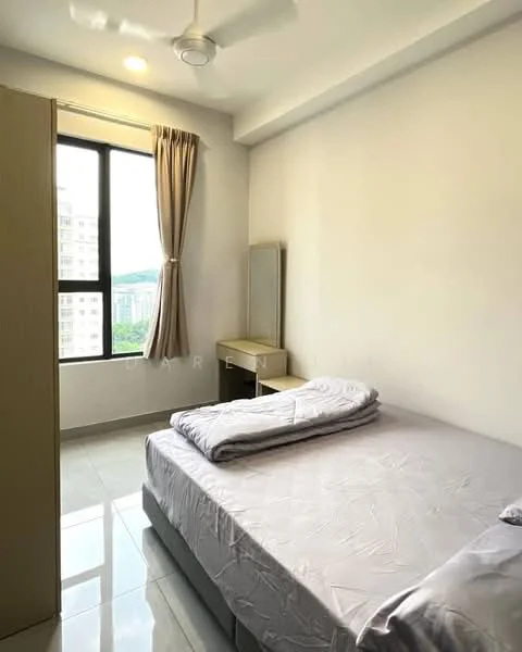 Bedroom features: queen-size bed, light grey bedding, wooden bedside table, mirror on wall, floor-to-ceiling window, curtains, white painted walls, glossy tile flooring, ceiling fan; style: modern; view: city.