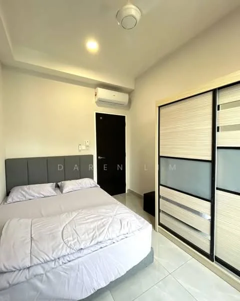Bedroom features: queen-size bed with grey upholstered headboard, white bedding, built-in wardrobe with sliding doors, grey accent wall, light grey tile flooring, 1 wall-mounted split AC, ceiling light fixture, black door, window with no visible treatment; style: modern.