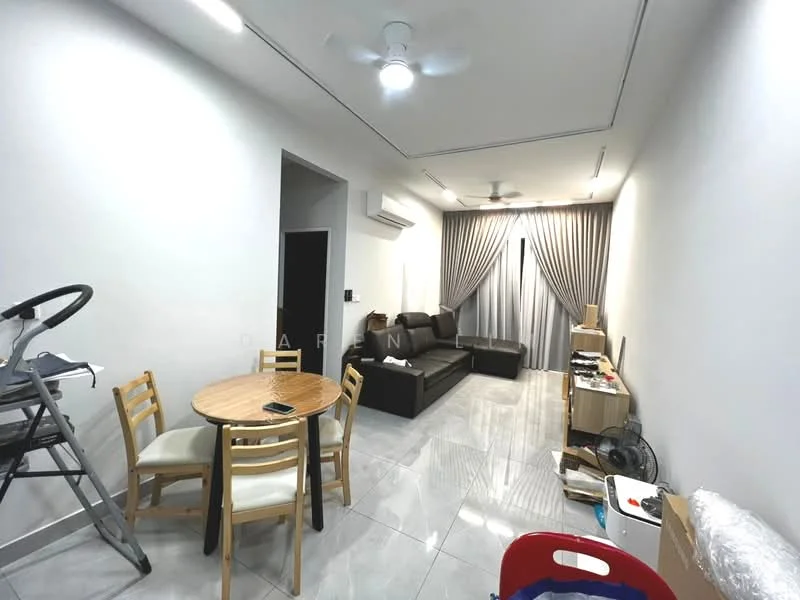 Living features: grey leather sectional sofa, round dining table with four chairs, 5-blade ceiling fan with light, wall-mounted air conditioning unit, white painted walls, glossy tile flooring, curtains in light grey, TV console, decorative items on shelves; style: modern.