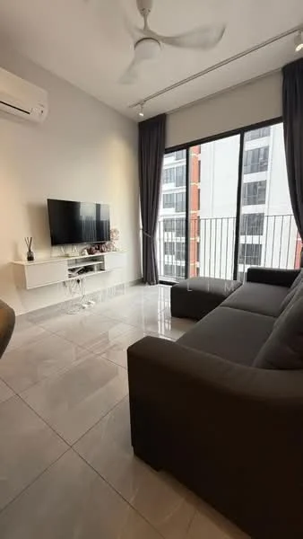 Living features: grey fabric sofa, wall-mounted TV, white TV console, floor-to-ceiling windows, curtains, ceiling fan, marble tile flooring, air conditioning unit; style: modern; view: city.