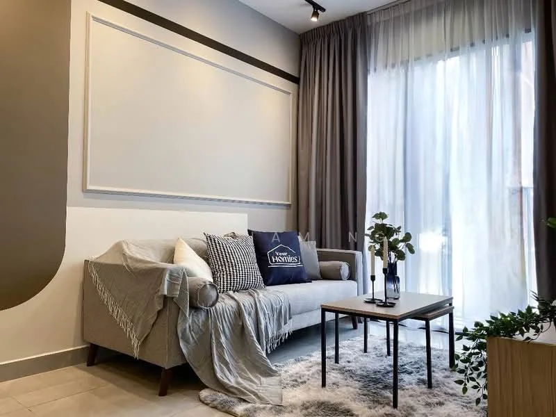 Living features: light grey fabric sofa, throw blanket on sofa, decorative cushions, small wooden coffee table, area rug with soft texture, floor-to-ceiling sheer curtains, wall-mounted artwork space, potted plant, neutral wall colour, recessed lighting; style: modern.