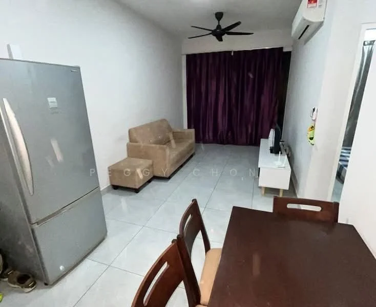 Living features: 3-seater fabric sofa in beige, wall-mounted TV, white TV console, ceiling fan, air conditioning unit, grey tiled flooring, purple curtains, dining table with 4 chairs, refrigerator, decorative wall art; style: modern.