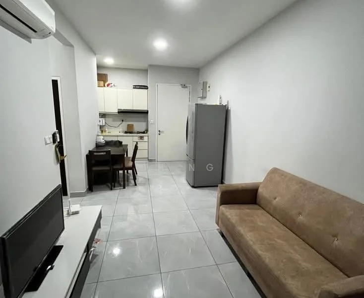 Living features: light grey painted walls, glossy grey tile flooring, 3-seater beige fabric sofa, wall-mounted TV, TV console, air conditioning unit, recessed ceiling lights, open layout to kitchen, dining table with chairs; style: modern. Kitchen features: white cabinetry, stainless-steel fridge, built-in oven, ceramic cooktop, single-bowl stainless-steel sink, chrome pull-down faucet, countertop with storage, open shelving, tile backsplash; style: modern.