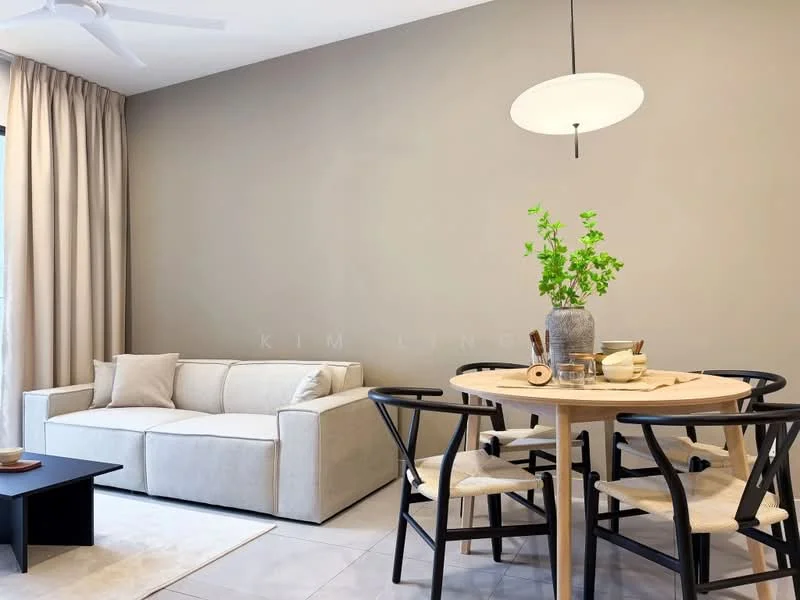 Living features: beige painted walls, light-colored sofa, round dining table, black dining chairs, pendant light fixture, floor-to-ceiling curtains, neutral area rug, decorative vase with greenery, ceramic bowl on table, light-colored flooring; style: modern.