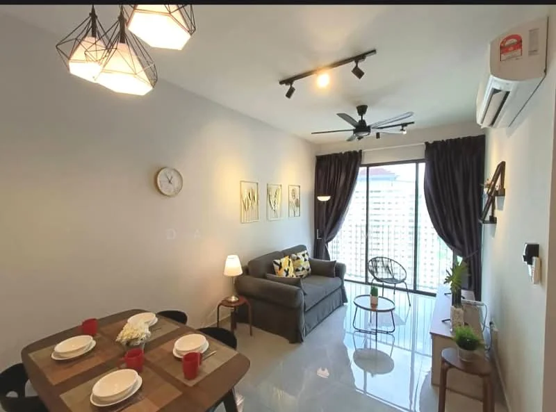 Living features: grey fabric sofa, yellow and black patterned throw pillows, black coffee table, 2-seater dining table with black chairs, pendant lighting with geometric design, wall-mounted air conditioning unit, 5-blade ceiling fan, floor-to-ceiling windows, dark curtains, decorative wall clock, framed artwork on walls, ceramic tile flooring, decorative plant in pot; style: modern; view: city.