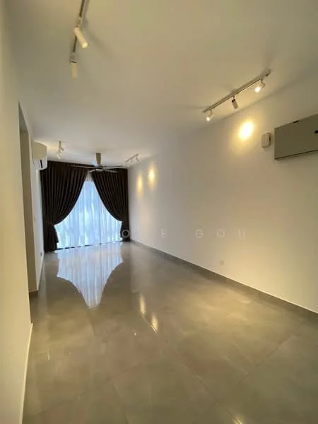 Living features: white painted walls, glossy grey tile flooring, recessed downlights, 5-blade ceiling fan, floor-to-ceiling windows with sheer curtains, wall-mounted split AC; style: modern.