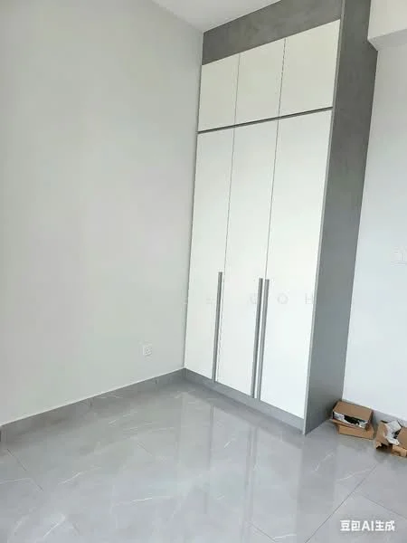 Room features: white painted walls, grey accent wall, glossy tile flooring, built-in wardrobe with white doors, two silver handles on wardrobe, corner of room with visible cardboard box; style: modern.