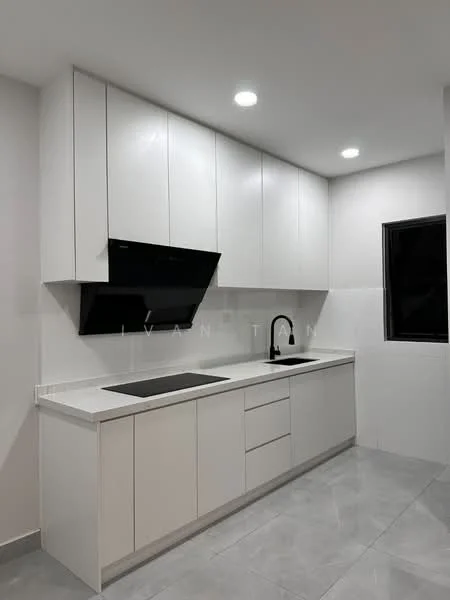 Kitchen features: white cabinetry with flat-panel doors, black built-in hood, black sink faucet, white countertop, ceramic tile flooring, recessed LED downlights, wall-mounted cabinetry, window with black frame; style: modern.