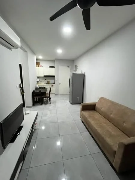 Living features: grey tiled flooring, white painted walls, 5-blade ceiling fan, wall-mounted TV, TV console, sofa in beige, refrigerator, dining table with chairs, air conditioning unit, recessed ceiling lights; style: modern. Kitchen features: white cabinetry, kitchen countertop, stainless-steel sink, built-in appliances; style: modern.