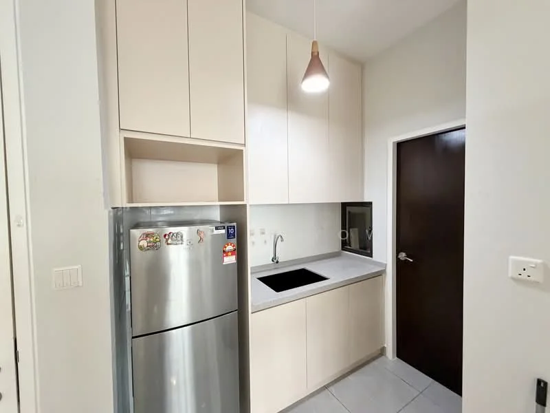 Kitchen features: light wood cabinetry, grey countertop, single-bowl stainless-steel sink, chrome pull-down faucet, built-in microwave, stainless-steel fridge, pendant light, ceramic tile flooring, white painted walls; style: modern.