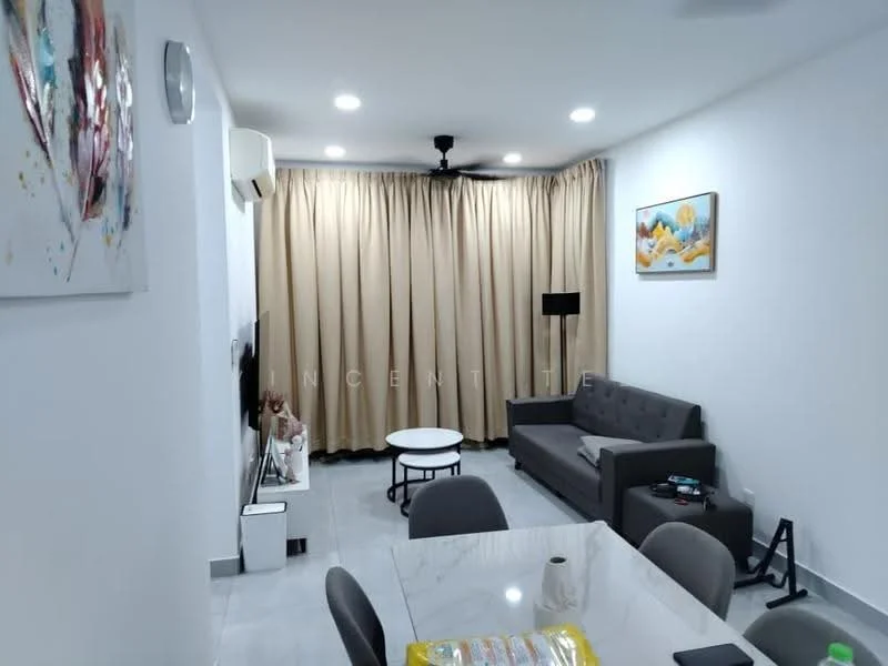 Living features: grey fabric sofa, round coffee table, wall-mounted TV, white painted walls, recessed downlights, 5-blade ceiling fan, curtains in beige, marble tile flooring, decorative artwork on wall, air conditioning unit; style: modern. Dining features: glass dining table, grey dining chairs, table set with placemats, white painted walls, marble tile flooring; style: modern.