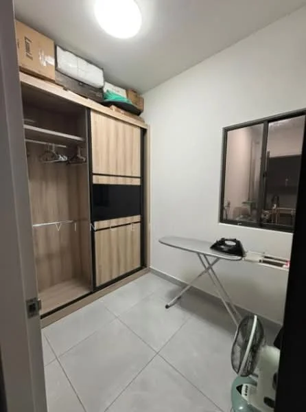 Laundry features: built-in wardrobe with sliding doors, light wood cabinetry, grey tiled flooring, window with black frame, ironing board, iron, fan, shelves above wardrobe; style: modern.