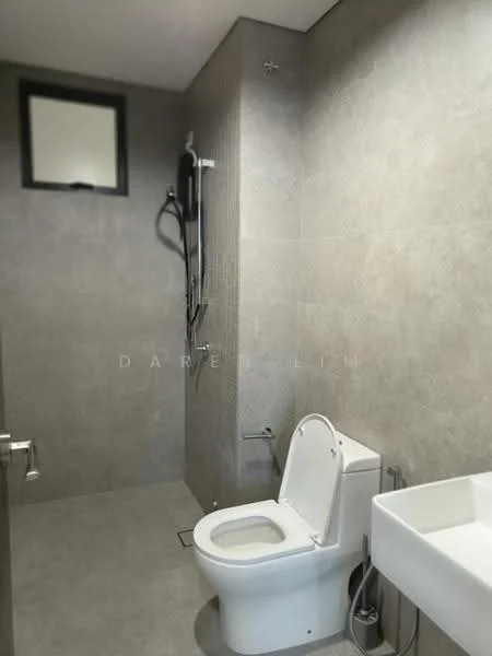 Bathroom features: grey tile flooring, grey wall tiles, walk-in shower with glass enclosure, rain shower head, handheld shower, single-sink vanity with white cabinet, chrome basin mixer, one-piece toilet, framed mirror, window for natural light; style: modern.