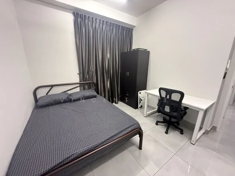 Bedroom features: single bed with metal frame, grey patterned bed linen, floor-to-ceiling curtains in dark grey, white painted walls, glossy tile flooring, black wardrobe with two doors, white study desk, ergonomic office chair; style: modern.